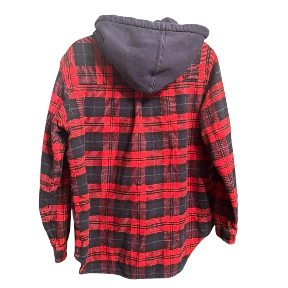 American Eagle Navy and Red Plaid Hooded Flannel Shirt M